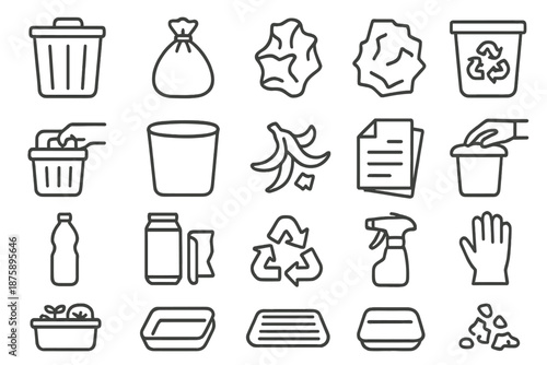 Home Trash Icons. Line style icons of Home Trash Management: trash can, lid, waste bag, garbage, recycling bin, hand grip, bin