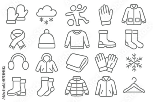 Snow Gear Icons. Line style icons of snow play gear: Mittens, Snow, Play, Glove, Coat, Scarf, Hat, Beanie, Sweater, Boots, Socks,