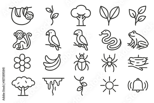 Jungle Icons Collection. Line style icons of jungle foliage: Sloth, Vine, Tree, Leaves, Branch, Monkey, Parrot, Toucan, Snake,