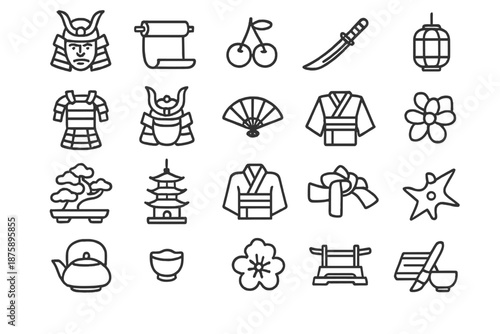 Japanese Tradition Icons. Line style icons of Japanese tradition: Samurai, Scroll, Cherry, Katana, Armor, Helmet, Fan, Lantern,