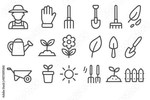Garden Tools Icons. Line style icons of garden care tools: Gardener, Glove, Meteor, Shovel, Rake, Watering Can, Plant, Flower,