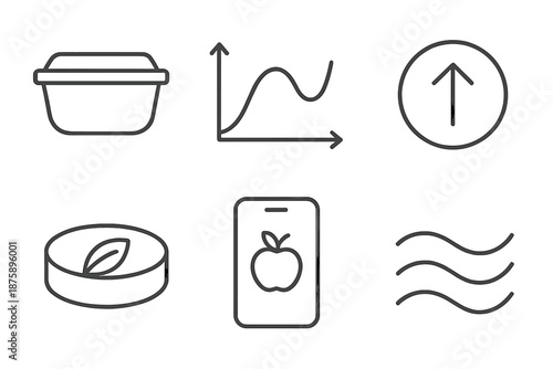 Leftover Management Icons. Line vector icons of leftover-management tool: food container, tracking curve, minimize-waste ring,