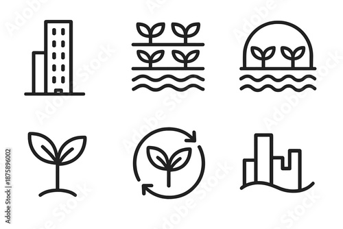 Metropolitan Vertical Farming. Line vector icons of metropolitan vertical growing: high-rise contour, green layers, hydroponic arc