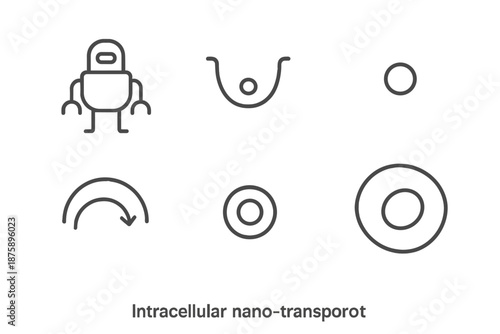 Intracellular Nano-Transport Icons. Line vector icons of intracellular nano-transport: tiny robot form, membrane opening arc,
