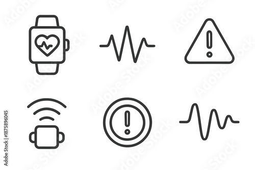 Real-Time Detection Icons. Line vector icons of real-time episode detection: wrist device icon, spike line, alert band, sensor