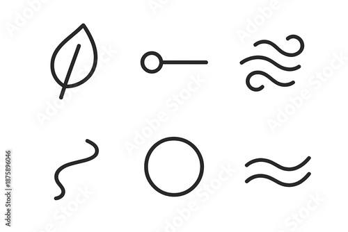 Smart Eco Park Icons. Line vector icons of a smart environmental park: leaf silhouette, sensor dot, airflow curve, park path line,