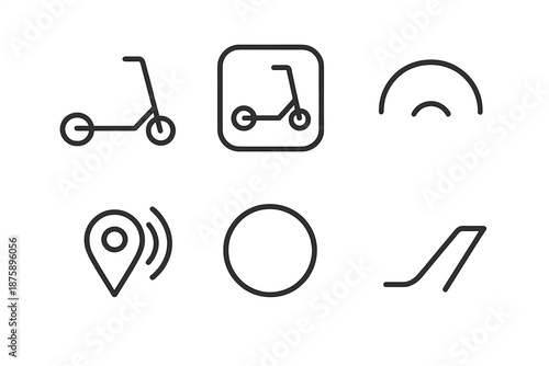 E-Scooter Icon Set. Line vector icons of e-scooter booking interface: scooter outline, app tile, reserve arc, location wave,