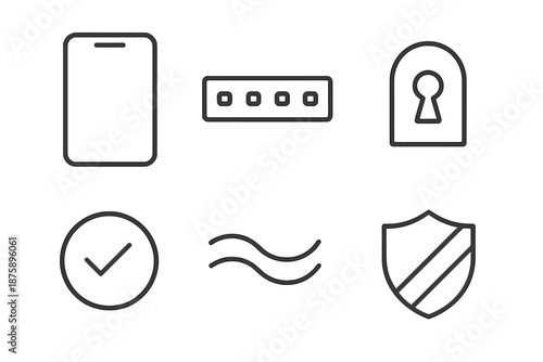 2FA Secure Icons. Line vector icons of 2FA login process: device frame, code digits line, keyhole arc, confirmation ring,