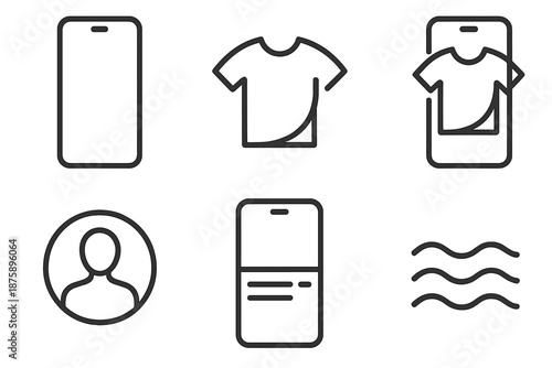 AR Wardrobe Vector Icons. Line vector icons of AR wardrobe try-on: phone screen, clothing icon, overlay curve, fit-guide ring,