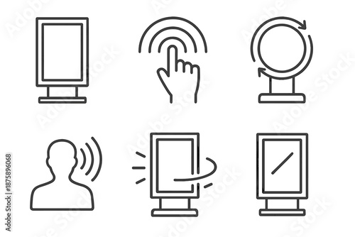 Dynamic Outdoor Promo Icons. Line vector icons of dynamic outdoor promo board: tall ad frame, interactive touch arc, content-shift