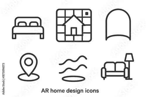 Augmented Reality Design Icons. Line vector icons of AR home design tool: bed outline, overlay grid, space arc, placement ring,