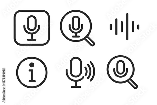Voice Assistant Icons. Line vector icons of voice query assistant: mic frame, search circle, command wave, info dot, sound arc,