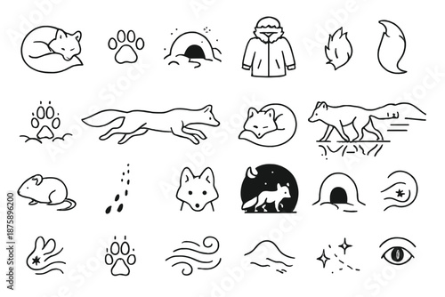 Arctic Fox Icons. Line style icons of arctic fox life: curled fox, paw print, snowy burrow, winter coat, tail fluff, paw in snow,