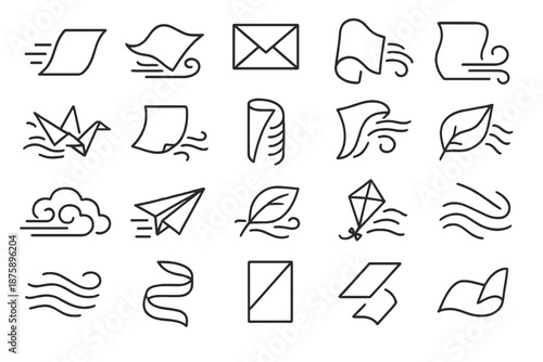 Paper Motion Icons. Line style icons of paper in motion: flying paper, swirling sheet, folded letter, air draft, origami crane in