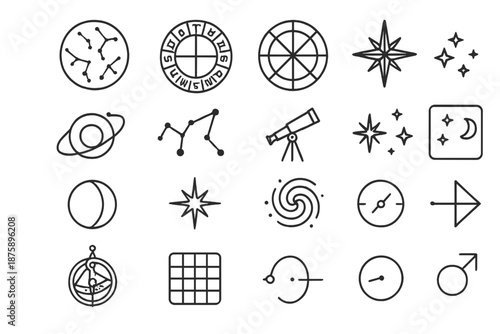 Celestial Line Icons. Line style icons of star charts: constellation map, celestial grid, zodiac ring, compass rose, planet orbit,