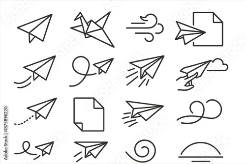 Paper Flight Icons. Line style icons of paper flight: paper plane, flying crane, gust wave, folded sheet, air trail, loop line,