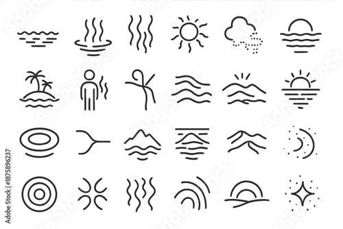 Mirage Line Icons. Line style icons of mirages and illusions: water reflection, heat wave, blurry sun, fading shape, horizon