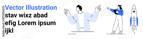 Two diverse characters communicating, pointing toward ideas. A futuristic rocket emphasizes innovation. Ideal for teamwork, innovation, startup, communication, progress, growth simple landing page