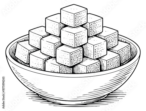 Hand drawn illustration of sugar cubes depicting a pile in a bowl for hot beverages