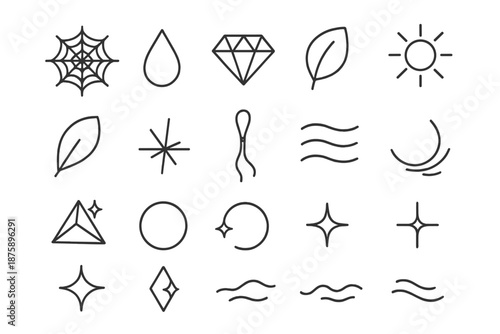 Natural Elegance Icons. Line style icons of natural elegance: cobweb, dewdrop, diamond, leaf, sunlight, petal, glint, silk thread,