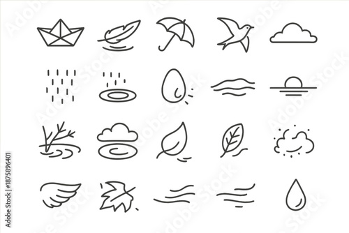 Poetic Line Icons. Line style icons of poetic imagery: paper boat, floating feather, umbrella shadow, single bird, falling rain,
