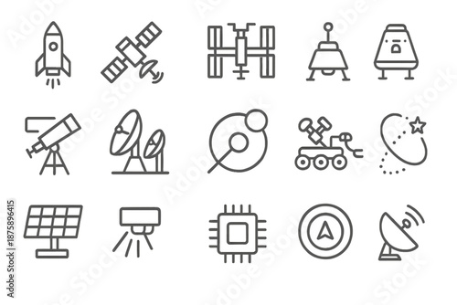 Space Exploration Icons. Line style icons of space exploration: rocket, satellite, space station, probe, capsule, telescope,