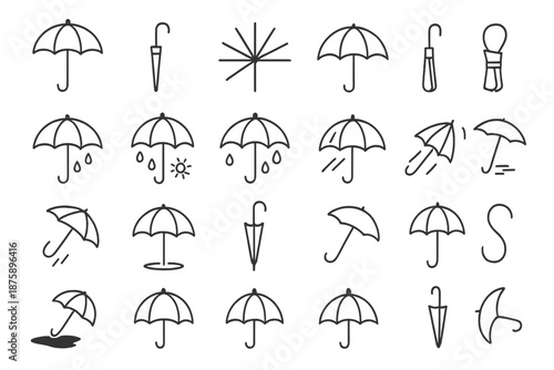 Umbrella Line Icons. Line style icons of umbrellas: open umbrella, closed handle, canopy ribs, curved hook, folded strap, rain