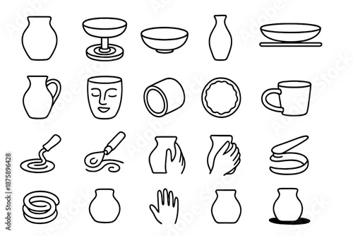 Ceramic Iconography. Line style icons of ceramic making: clay pot, spinning wheel, bowl form, vase silhouette, drying plate, jug