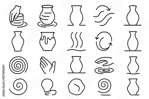 Creative Flow Icons. Line style icons of creative flow: potter’s hand, spinning clay, shaping line, curved motion, wet surface,