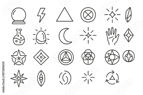 Mystic Alchemy Icons. Line style icons of alchemy and mysticism: crystal orb, lightning rune, elemental triangle, ancient sigil,