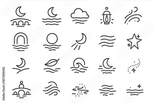Poetic Night Symbols. Line style icons of poetic night imagery: moon over bridge, soft reflection, drifting cloud, slow ripple,