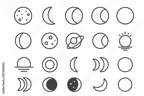 Moon Phases Icons. Line style icons of moon phases: full moon, crescent, half moon, gibbous, new moon, lunar eclipse, moon crater,
