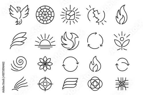 Symbolic Harmony Icons. Line style icons of symbolic harmony: rising phoenix, mosaic circle, radiant tile, broken pattern mended,