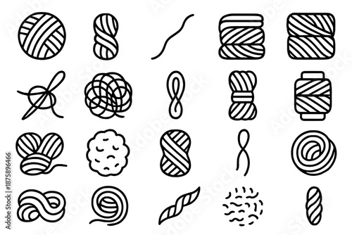 Yarn and Wool Icons. Line style icons of yarn and wool: wool ball, twisted skein, yarn strand, coiled thread, fiber roll, knotted