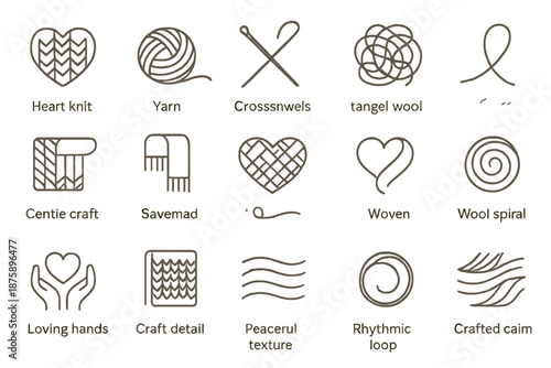 Creative Warmth Icons. Line style icons of creative warmth: heart knit, yarn swirl, crossed needles, tangled wool, gentle loop,