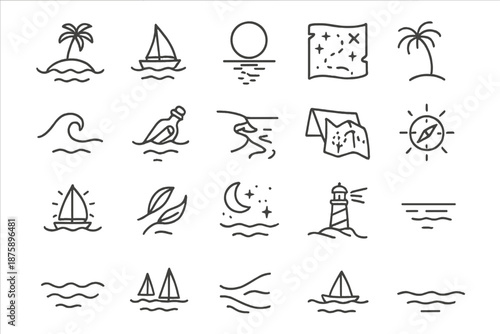 Poetic Seafaring Icons. Line style icons of poetic seafaring: tiny island, sailboat on horizon, moonlight path, starlit map, palm
