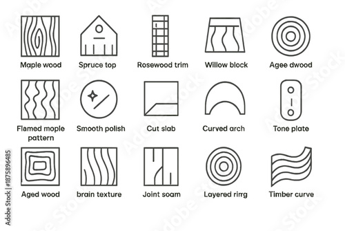 Tonewood Line Icons. Line style icons of tonewood types: maple grain, spruce top, ebony fingerboard, rosewood trim, willow block,