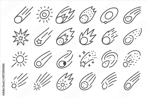 Line Style Comets. Line style icons of comets: comet tail, glowing nucleus, icy core, dust trail, elliptical orbit, radiant flare,