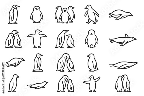Penguin Icon Illustrations. Line style icons of penguins: emperor penguin, chick, colony, waddling pose, diving penguin, huddling