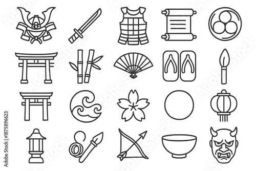 Samurai Heritage Icons. Line style icons of Samurai Heritage: helmet, katana, armor, scroll, crest, temple gate, bamboo, fan,