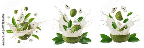 Fotografija Soursop fruit Annona muricata, soursop with juice splash, graviola guanabana cor