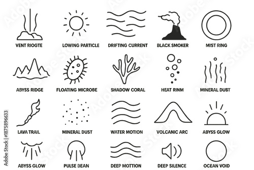 Abyssal Icons Collection. Line style icons of Abyssal Mystery: vent light, glowing particle, drifting current, black smoker, abyss