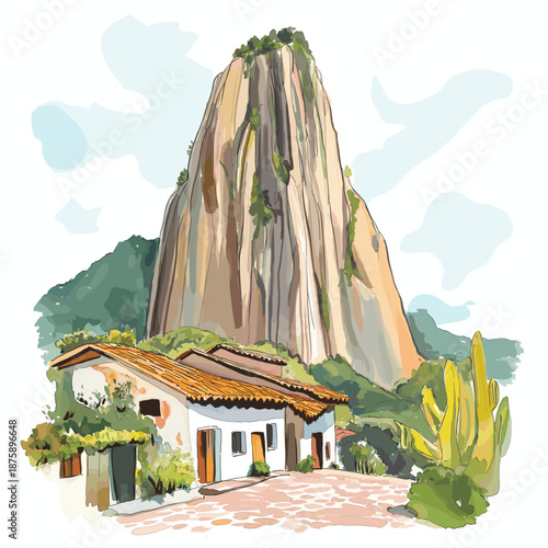 Guatape and El Penol Rock. Guatape and El Penol Rock hand drawn watercolor illustration