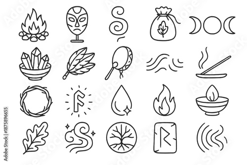 Mystic Forest Rituals. Line style icons of Mystic Forest Rituals: bonfire circle, mask on stand, smoke spiral, herb pouch, moon