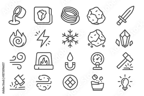 Elemental Metalworking Icons. Line style icons of Data Visualization of Crystals: scatter plot lattice points, heatmap cell grid,