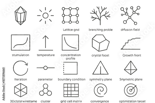 Crystal Growth Symbols. Line style icons of Crystal Growth Algorithm: seed crystal, nucleation point, lattice grid, branching