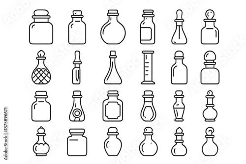 Vintage Pharmacy Bottles. Line style icons of Vintage Pharmacy Bottles: apothecary jar, corked vial, round flask, labeled bottle,