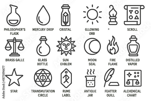 Alchemical Pharmacy Icons. Line style icons of Alchemical Pharmacy: philosopher’s flask, mercury drop, crystal vial, glowing orb,