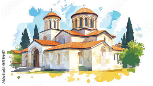 Studenica Monastery. Studenica Monastery watercolor vector illustration