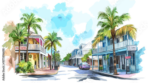 Key West?s Duval Street. Key West?s Duval Street hand drawn watercolor illustration